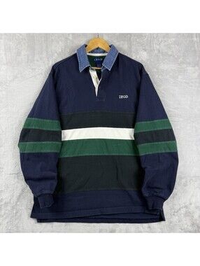 Vintage IZOD Men’s L Rugby Shirt Colorblock Denim Collar Navy Green 90s Cotton
